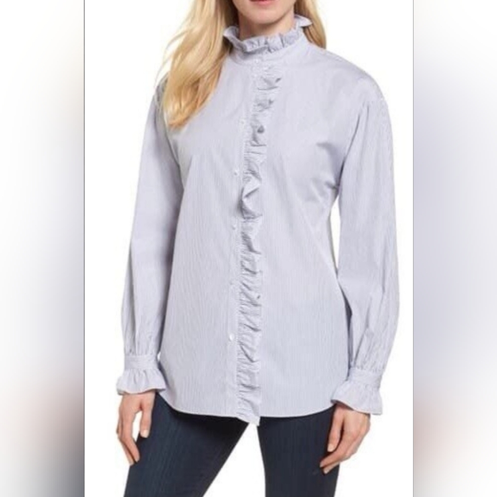 Nordstrom Light Blue Pinstripe Ruffle Button-Down Shirt